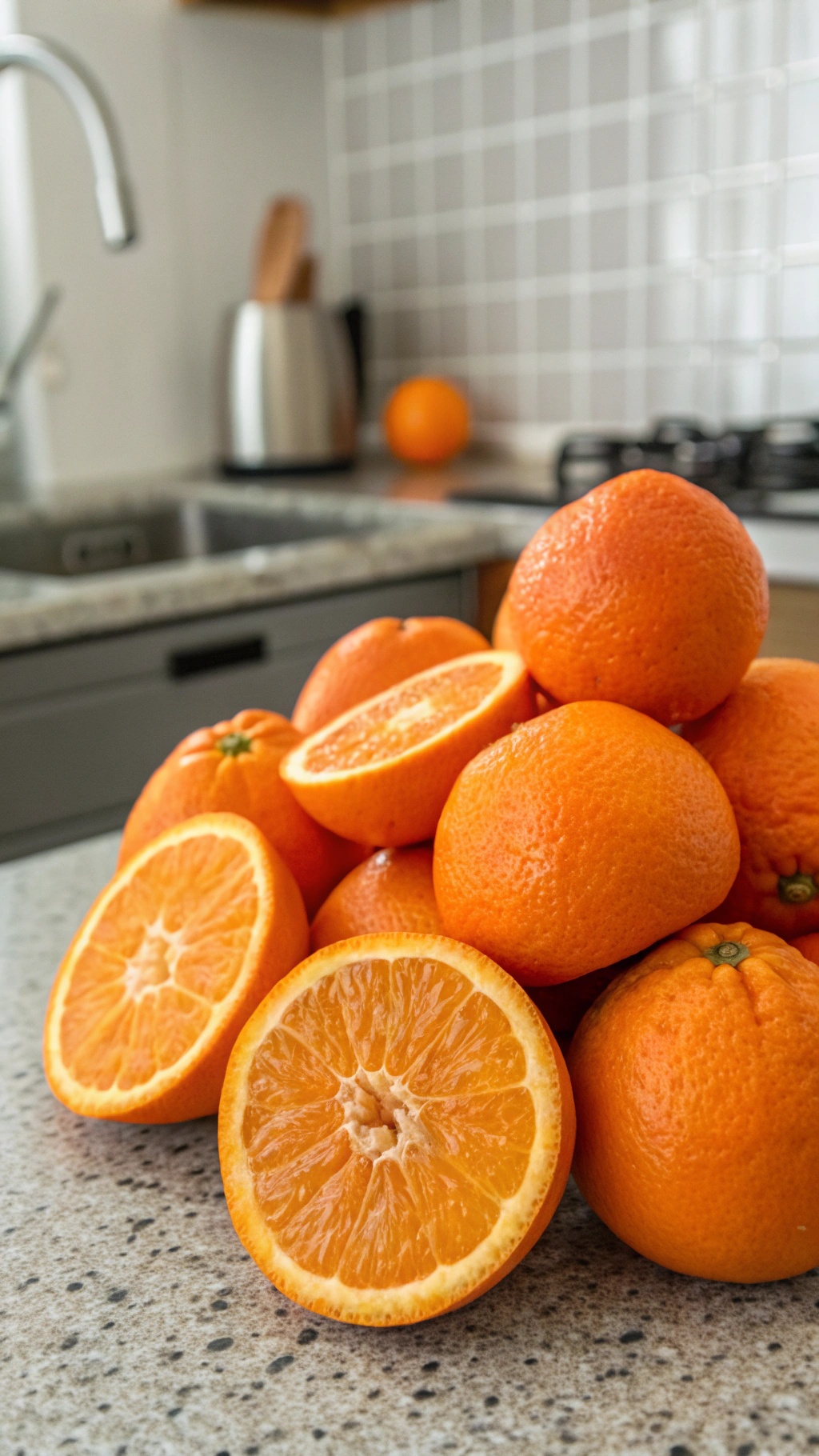 A pile of fresh oranges on a kitchen countertop, with some oranges sliced in half.