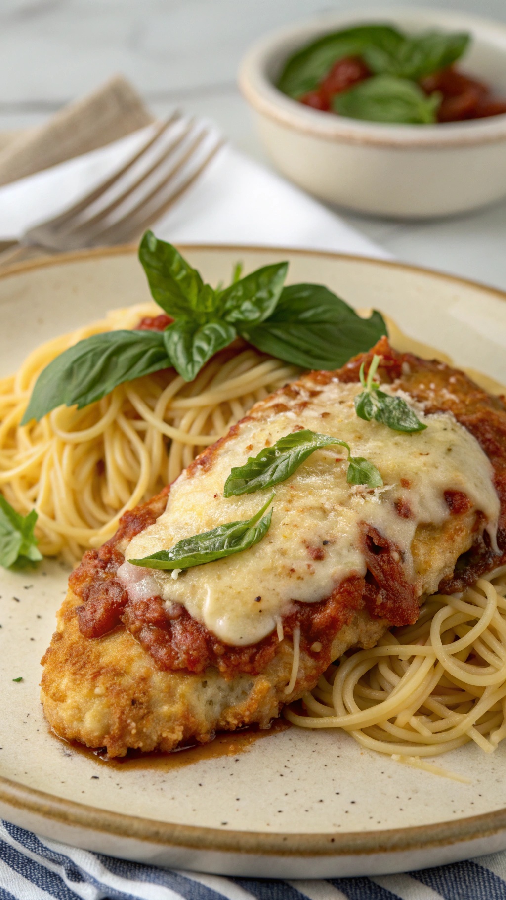 Oven-baked chicken parmesan served with spaghetti and garnished with fresh basil.