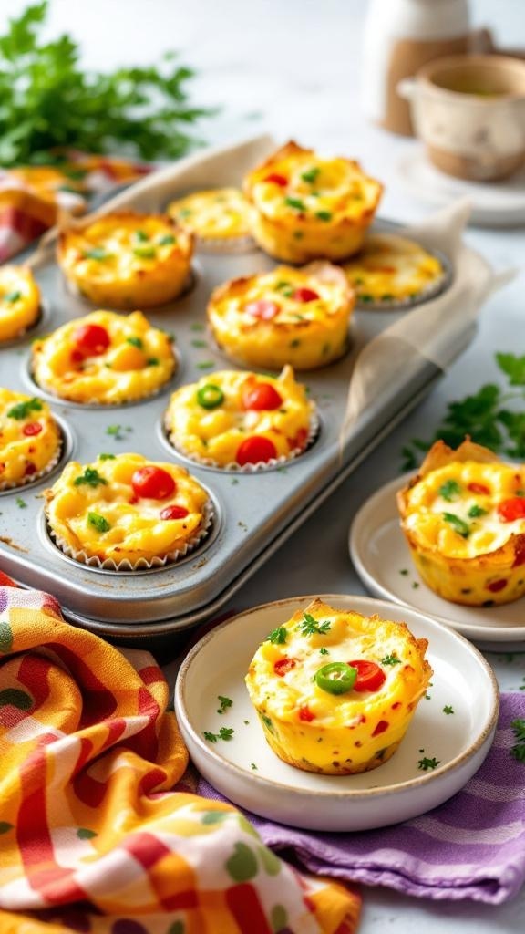 Oven-baked egg muffins in a muffin tin, garnished with vegetables, ready to eat.