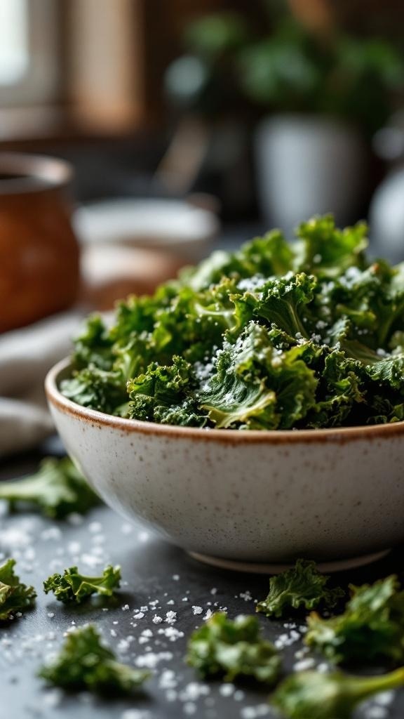 A bowl of fresh kale leaves ready to be made into oven-baked kale chips.