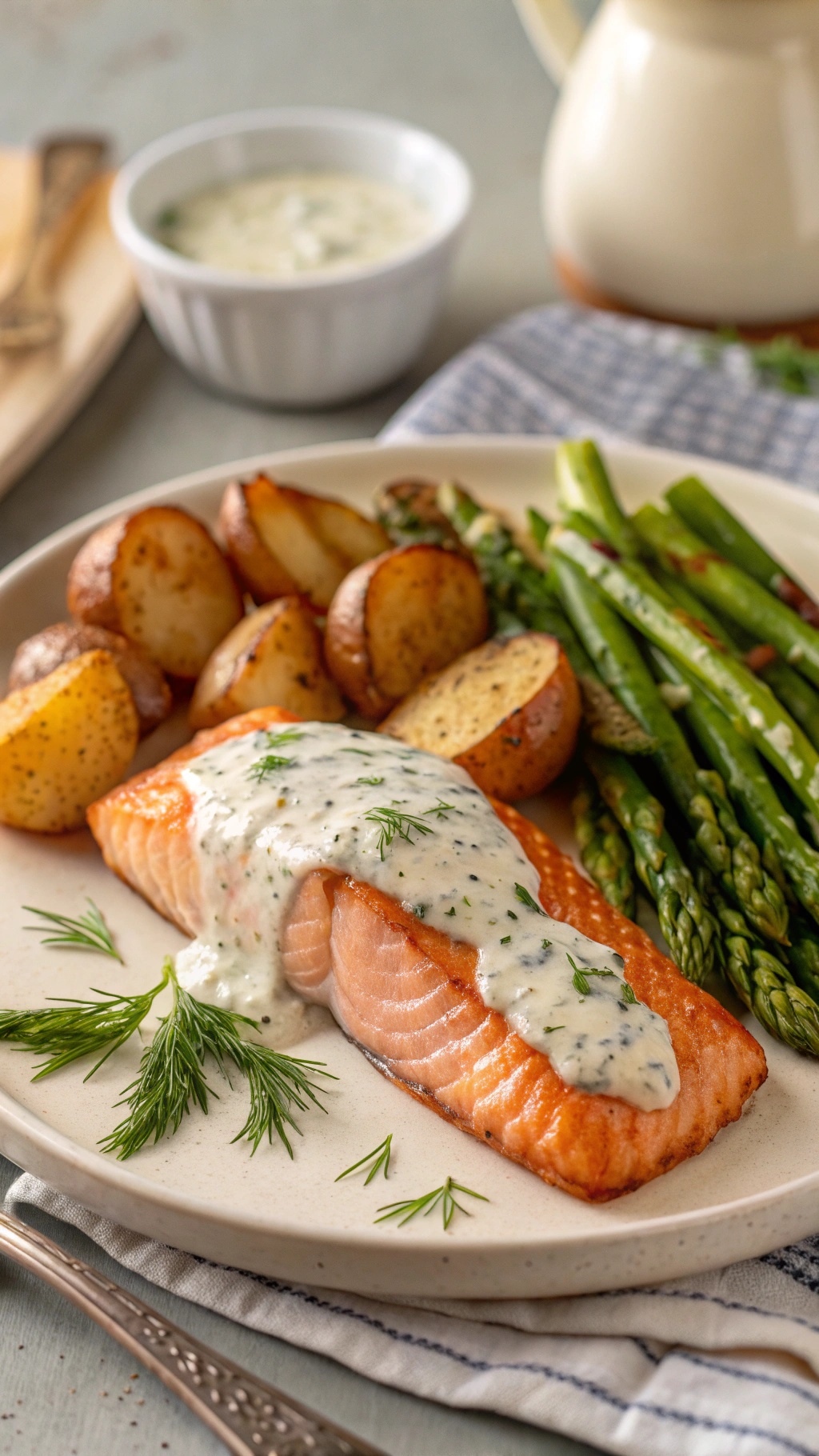 Oven-baked salmon with dill sauce served with roasted potatoes and asparagus