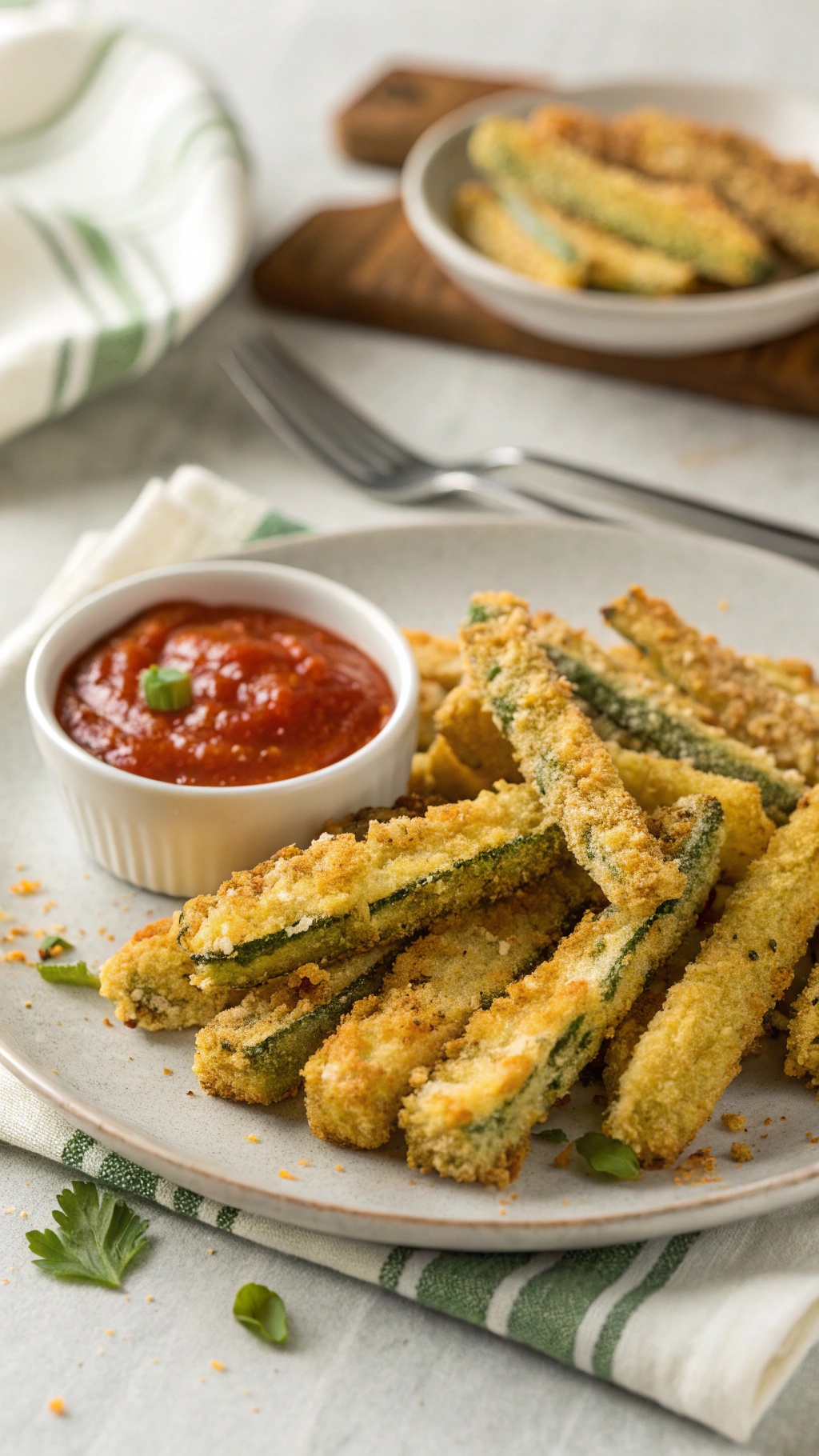 A plate of crispy oven-baked zucchini fries served with marinara sauce.