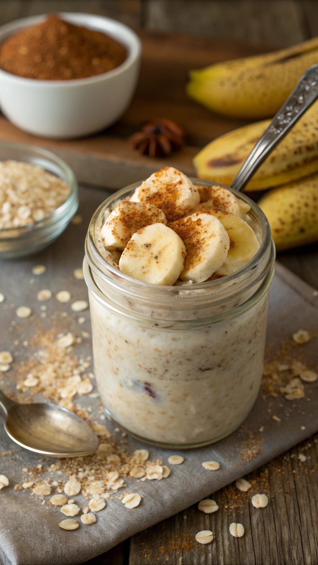 A jar of overnight banana protein oats topped with banana slices and cinnamon.