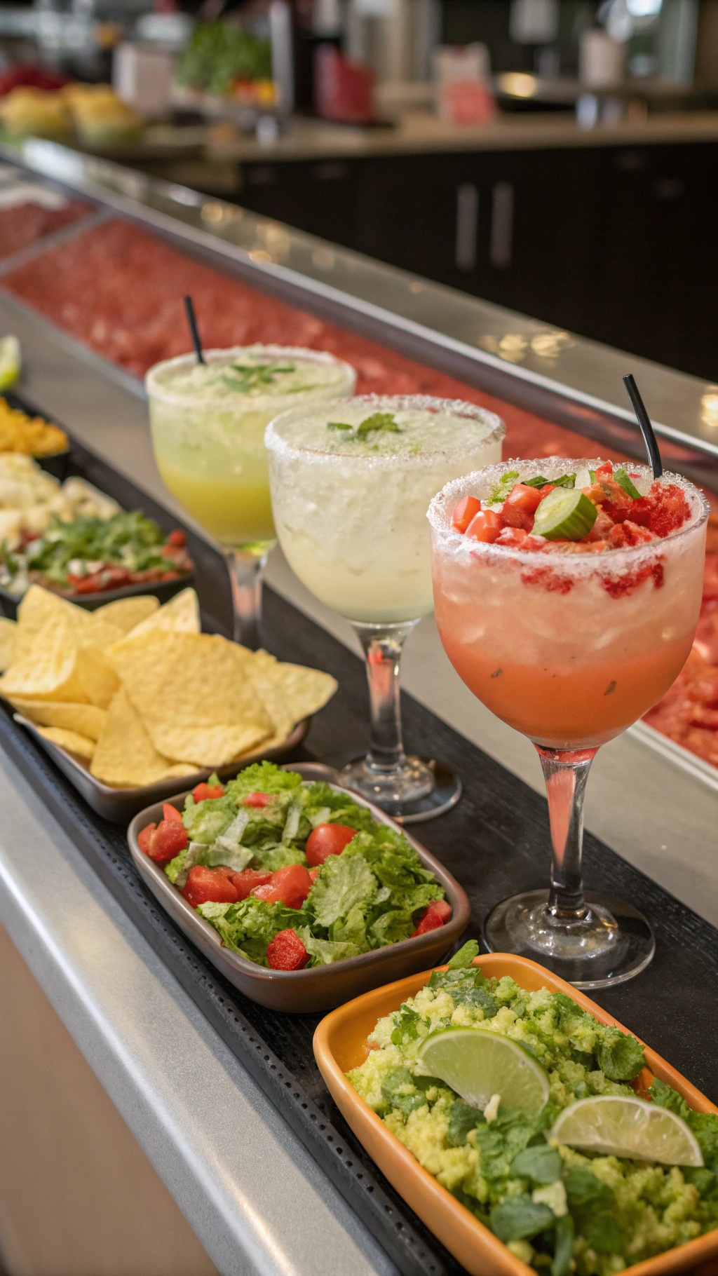 A colorful display of margaritas and fresh ingredients for a taco salad bar.