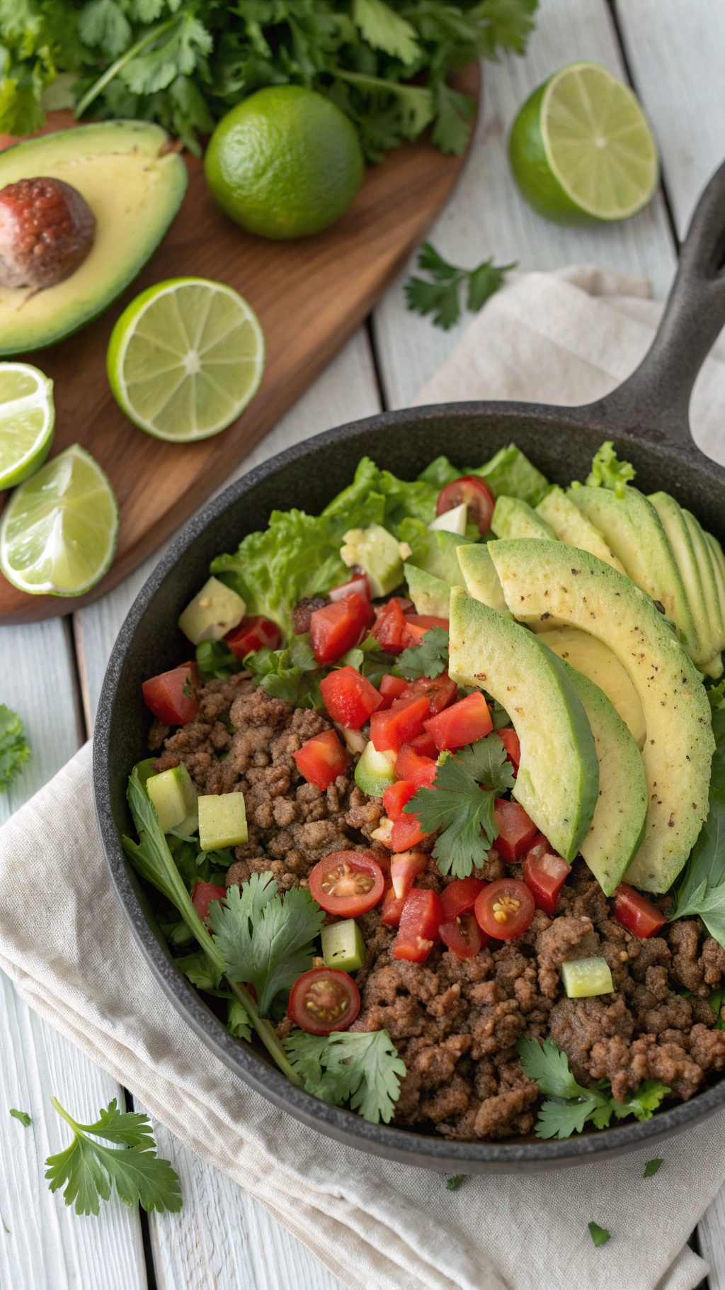 A colorful Paleo taco salad skillet with ground beef, fresh vegetables, and avocado slices