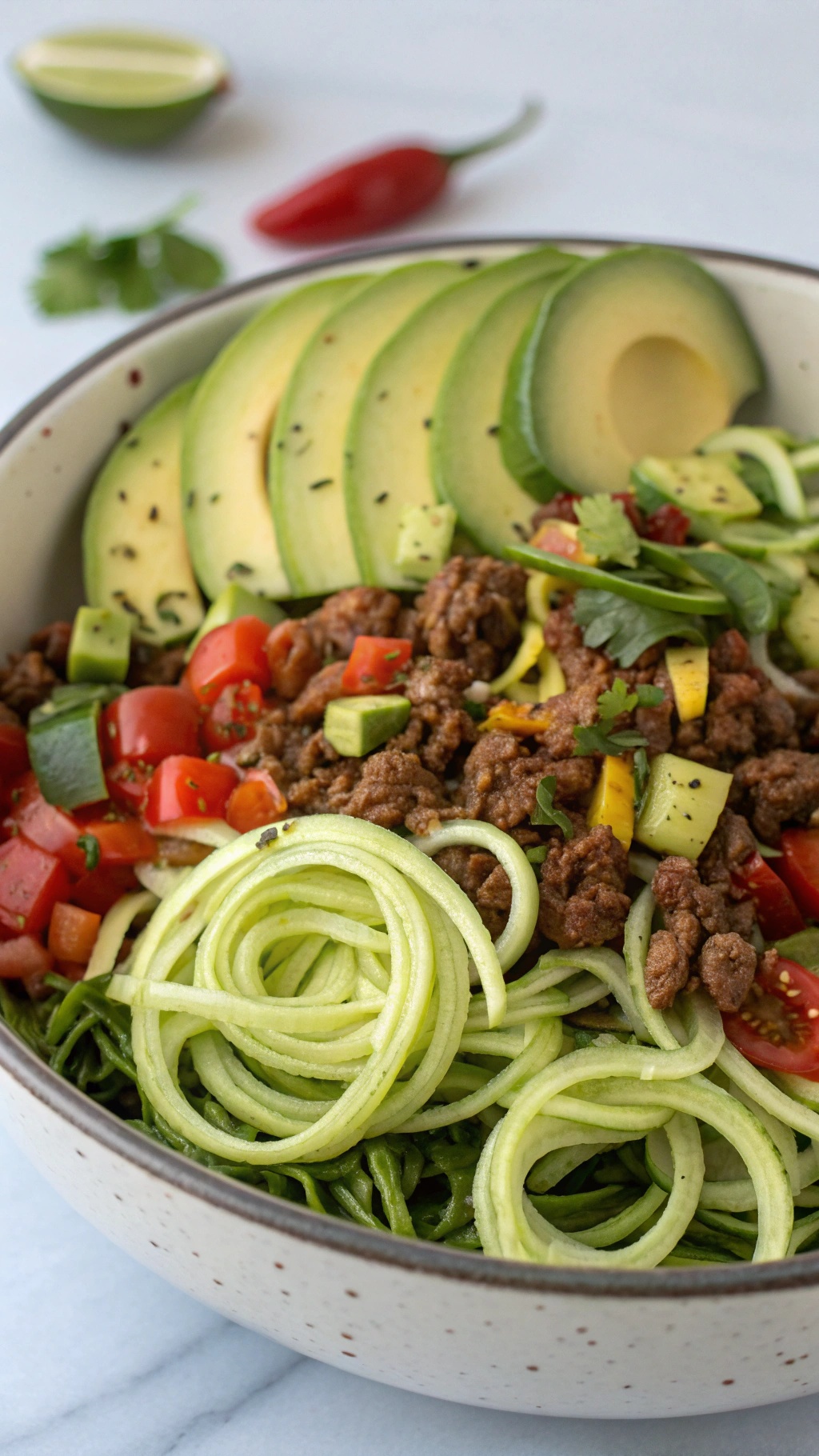 A colorful Paleo Taco Salad featuring zucchini noodles, ground beef, diced tomatoes, avocado slices, and fresh vegetables.