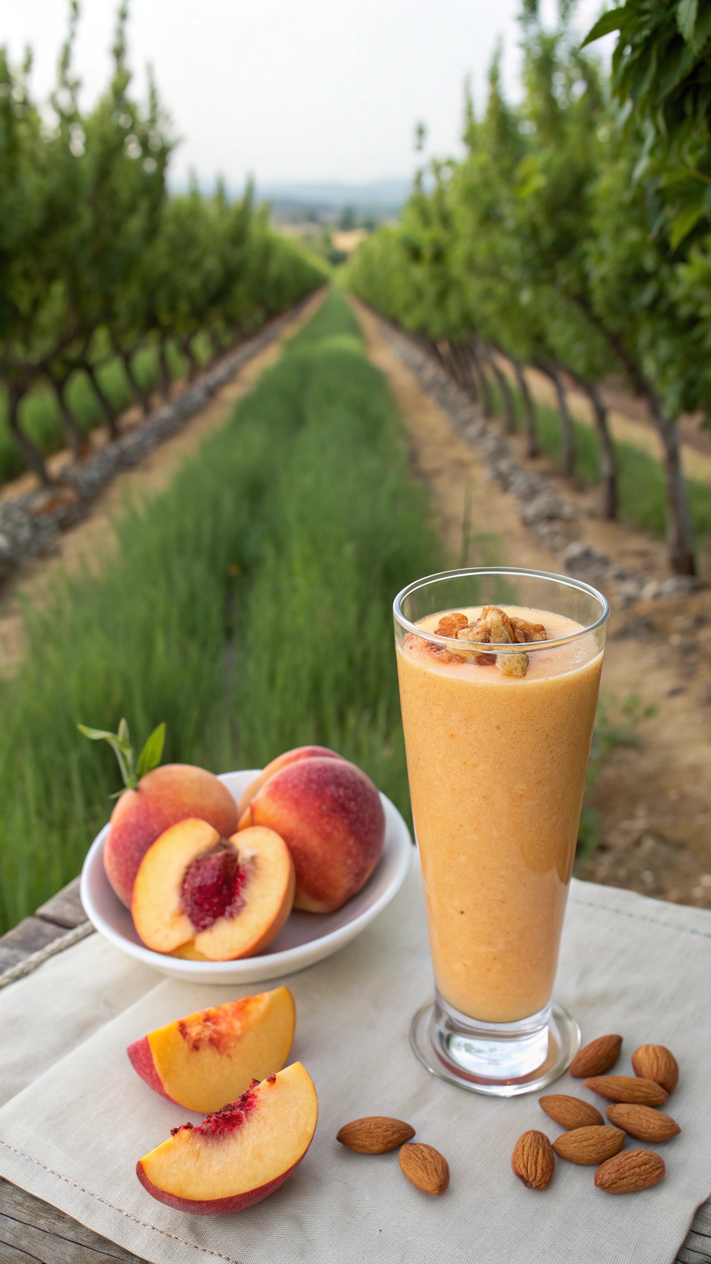 A refreshing peach almond butter smoothie in a glass, surrounded by fresh peaches and almonds, set against a green backdrop.