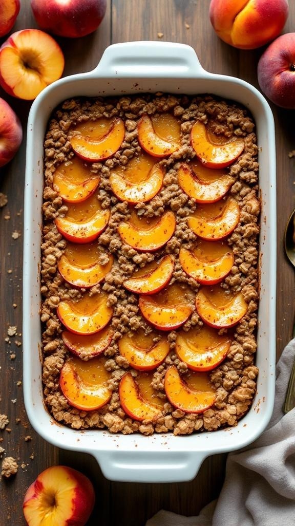 A delicious Peach and Oatmeal Breakfast Bake topped with sliced peaches and a crumbly topping.