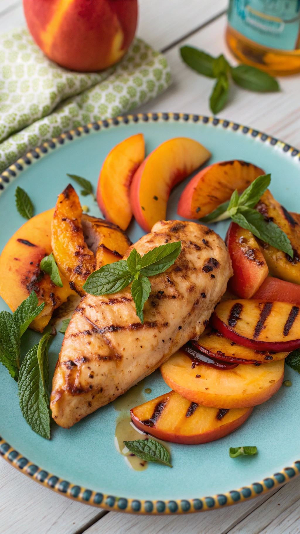 Grilled peach glazed chicken served with sliced peaches and mint leaves on a blue plate.