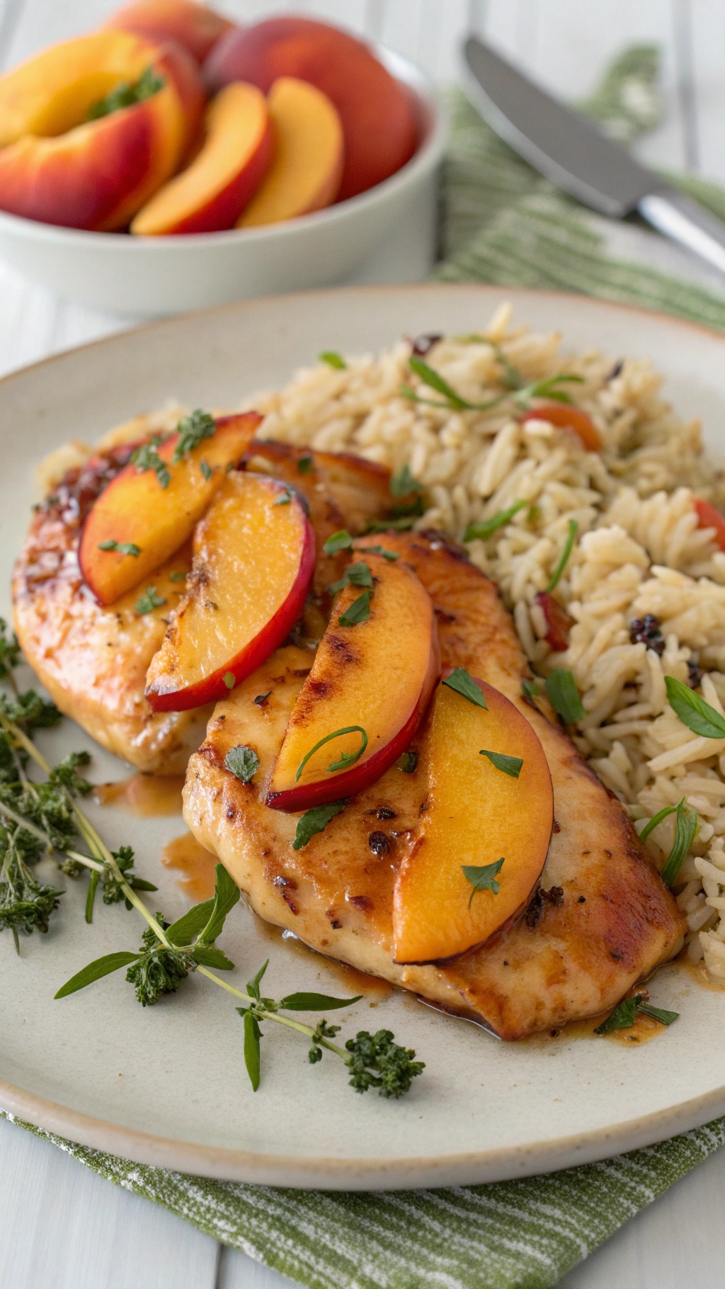 Plate of peach glazed chicken with sliced peaches and rice, garnished with herbs.