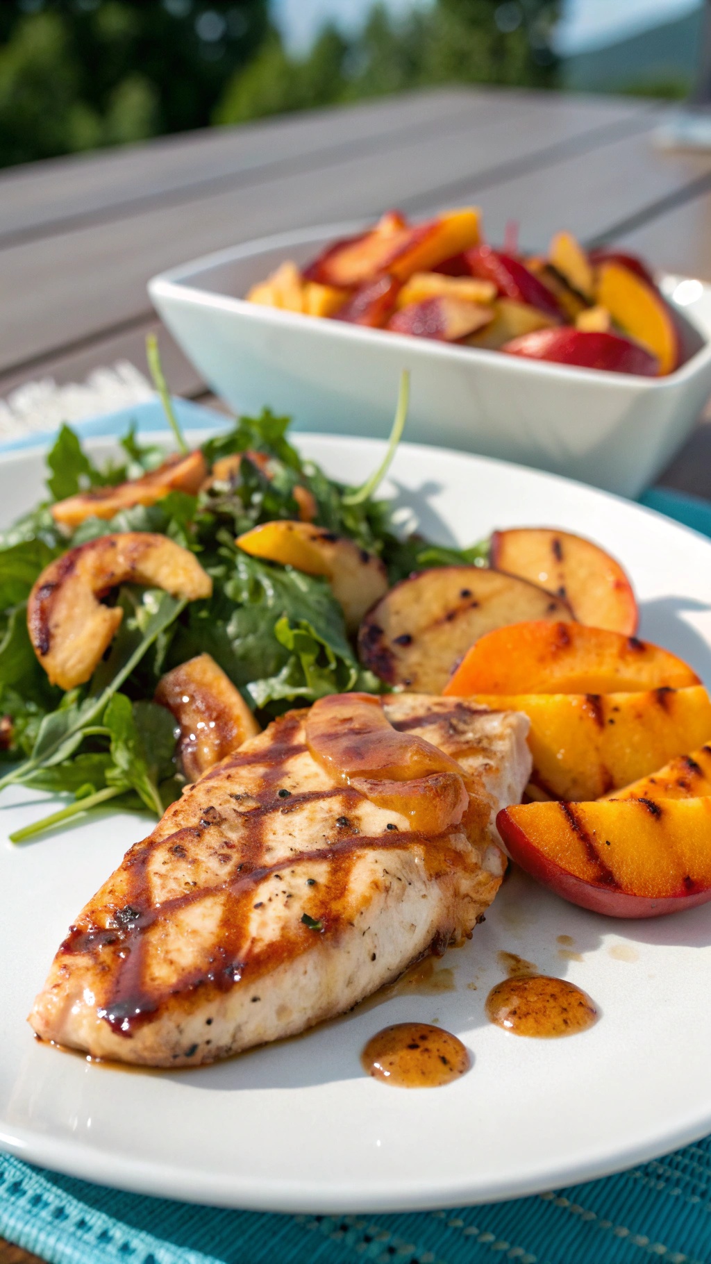 Grilled chicken breast with peach glaze served with grilled peach slices and a fresh salad.