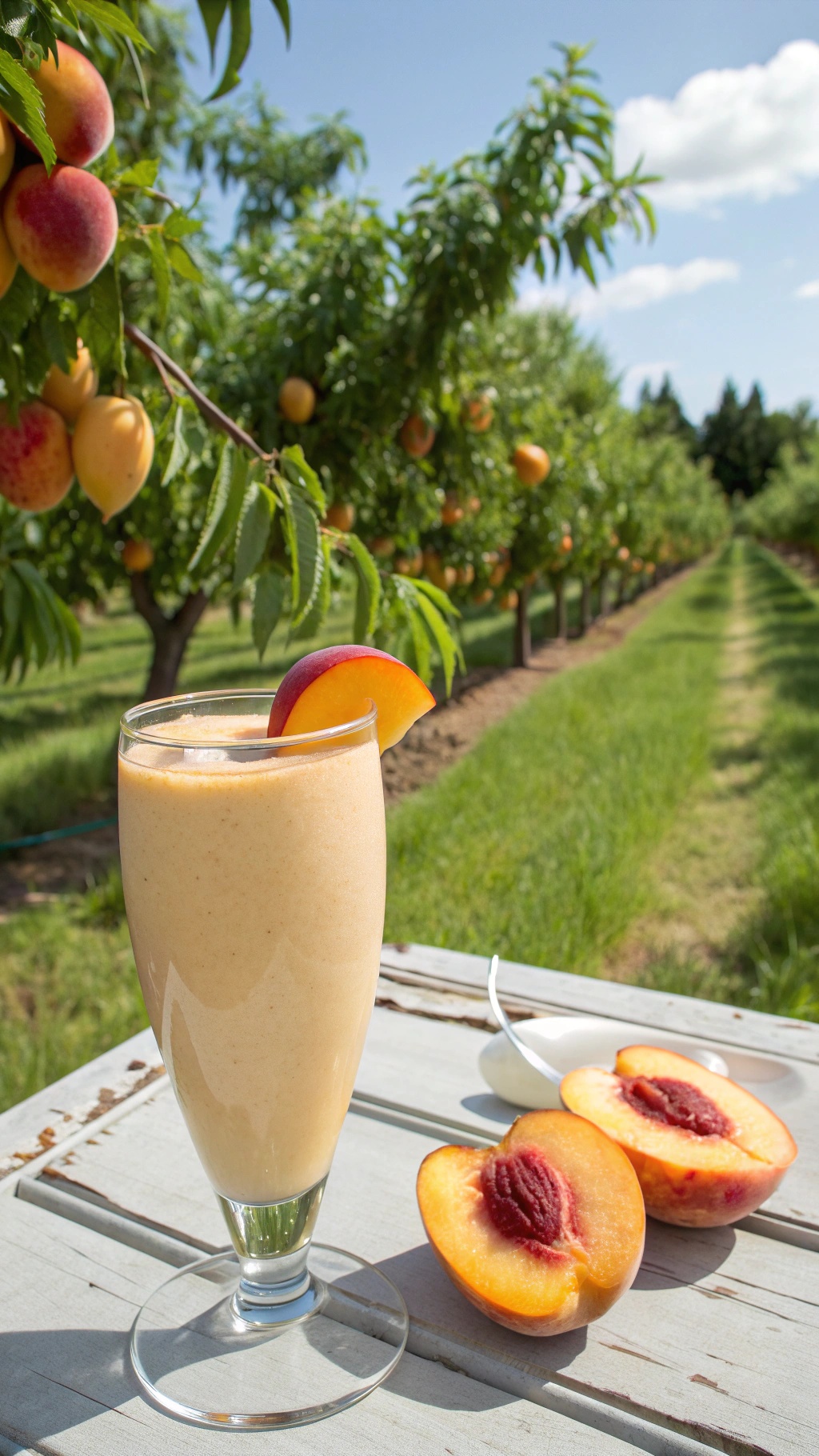 A refreshing peach smoothie in a glass, with fresh peaches and a peach orchard in the background.
