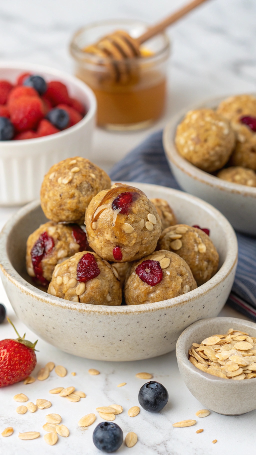 Peanut Butter and Jelly Energy Balls in a bowl with fresh berries and oats.