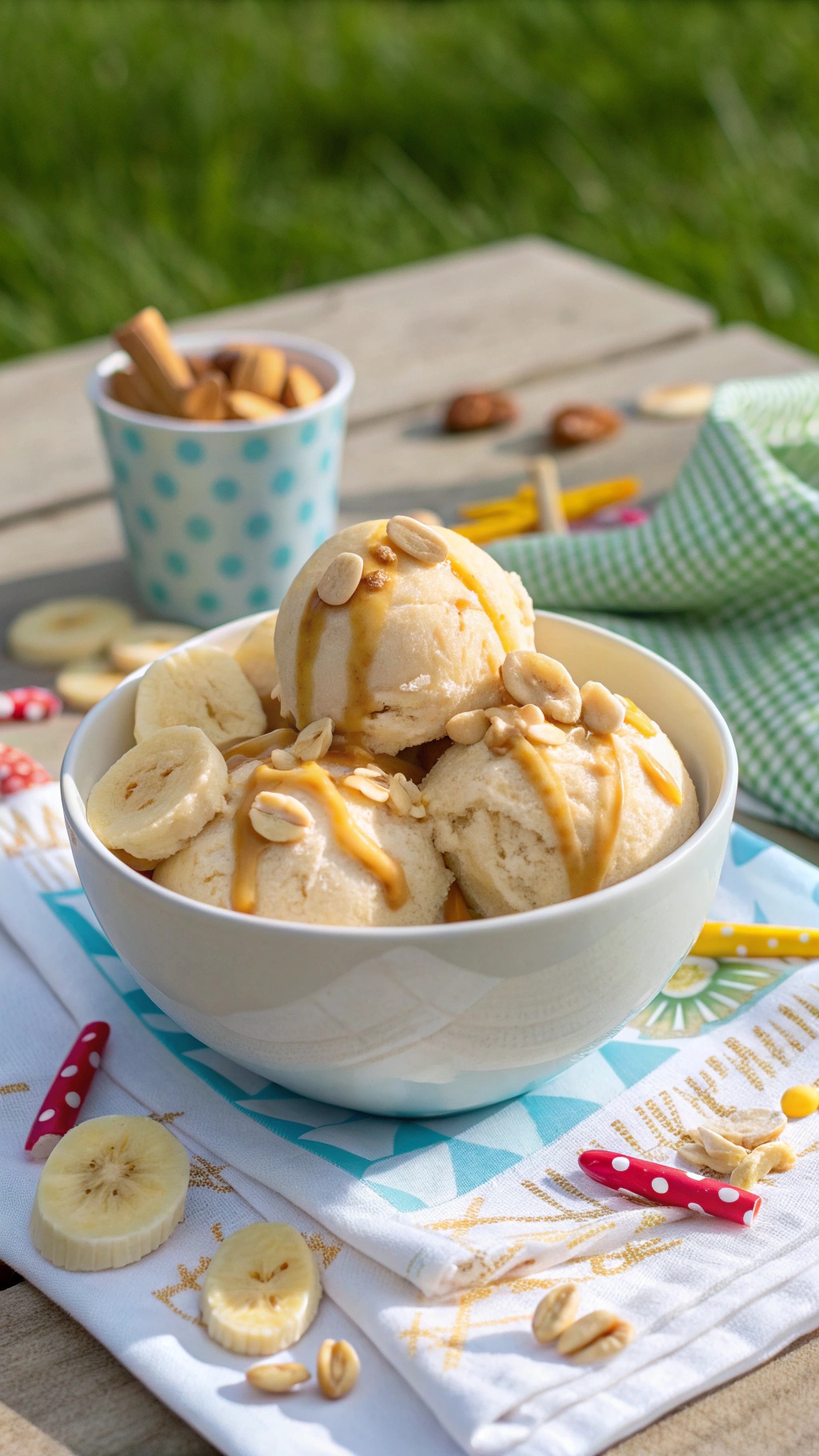 A bowl of peanut butter banana ice cream topped with peanuts and banana slices, served on a colorful napkin.