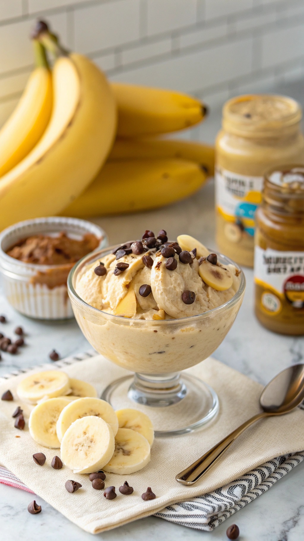 A bowl of Peanut Butter Banana Nice Cream topped with banana slices and chocolate chips, with fresh bananas and jars of peanut butter in the background.