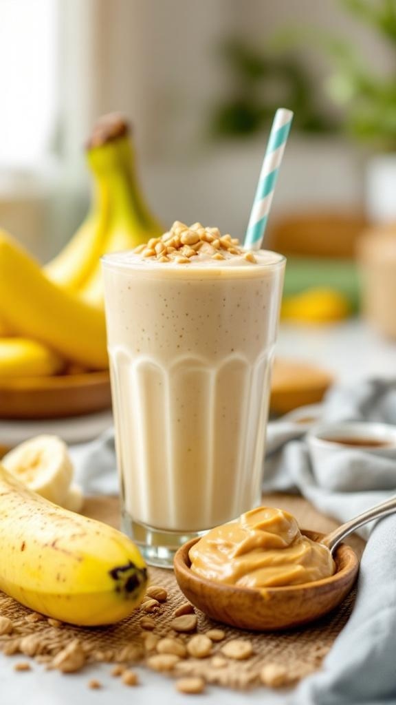 A creamy peanut butter banana smoothie topped with chopped peanuts, with fresh bananas and a bowl of peanut butter in the background.