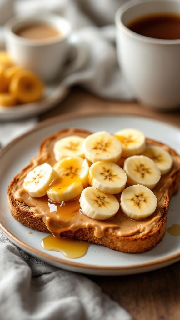 A slice of toast topped with peanut butter and banana slices, drizzled with honey.