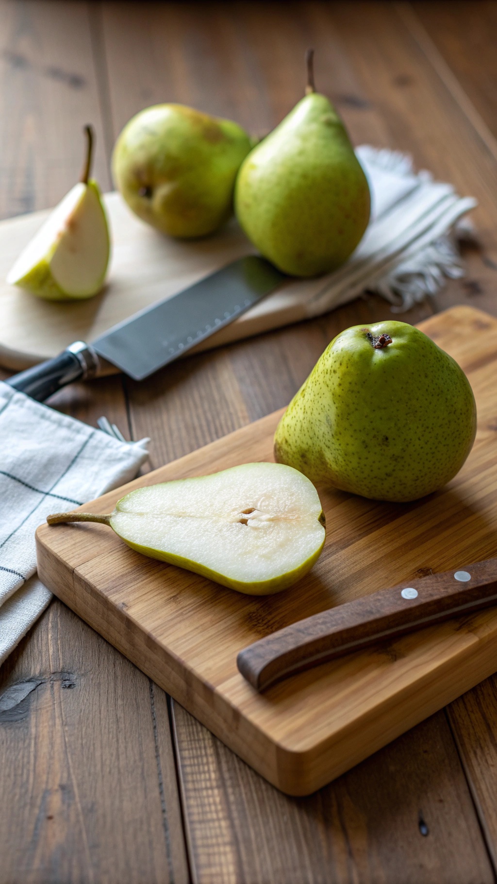 Fresh pears on a wooden cutting board with a knife, showcasing a sliced pear.