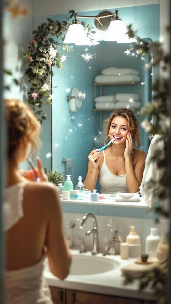 A person brushing their teeth in a bright bathroom with blue tiles and greenery.