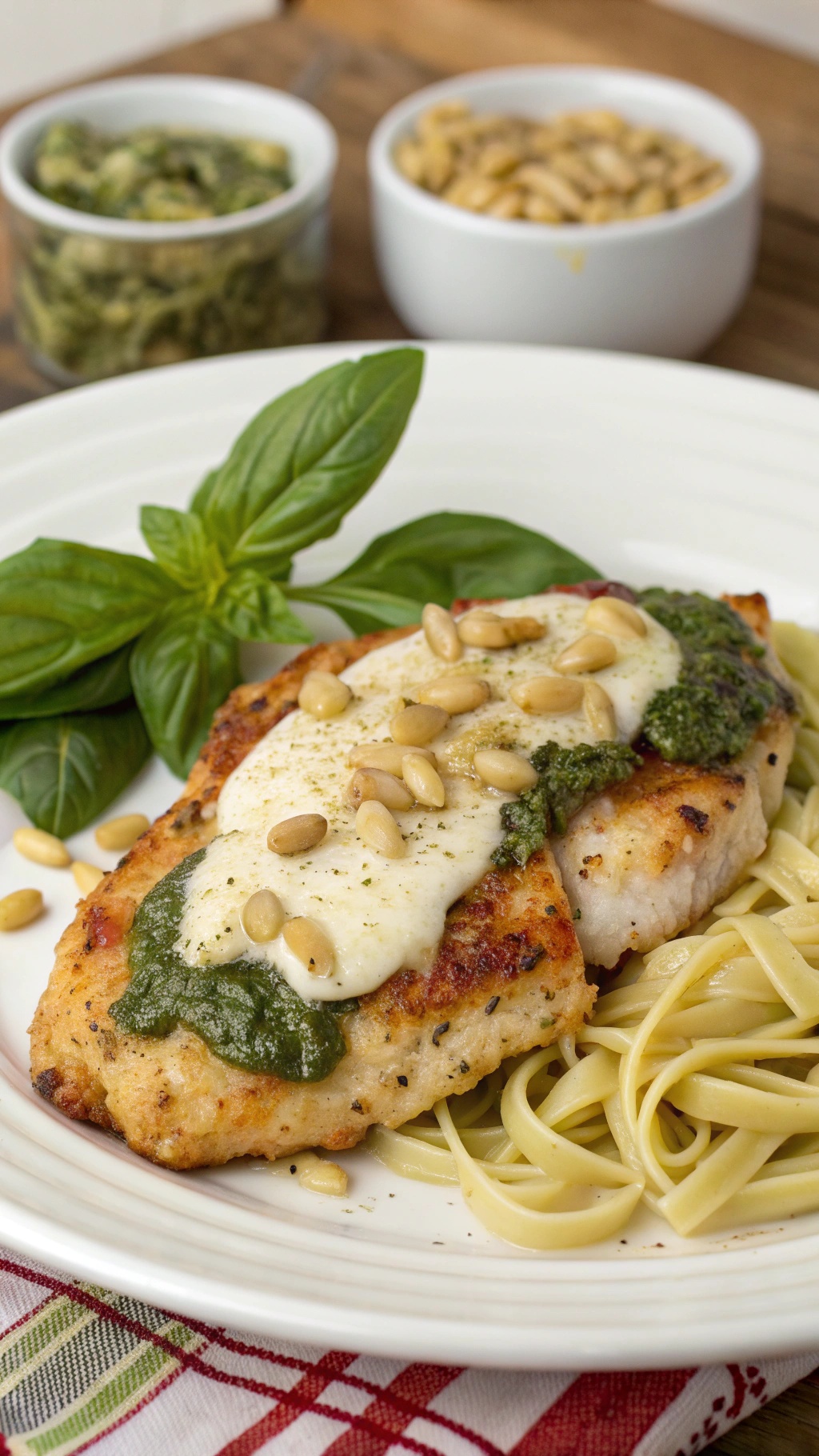 Pesto baked chicken served with fettuccine and topped with pine nuts.