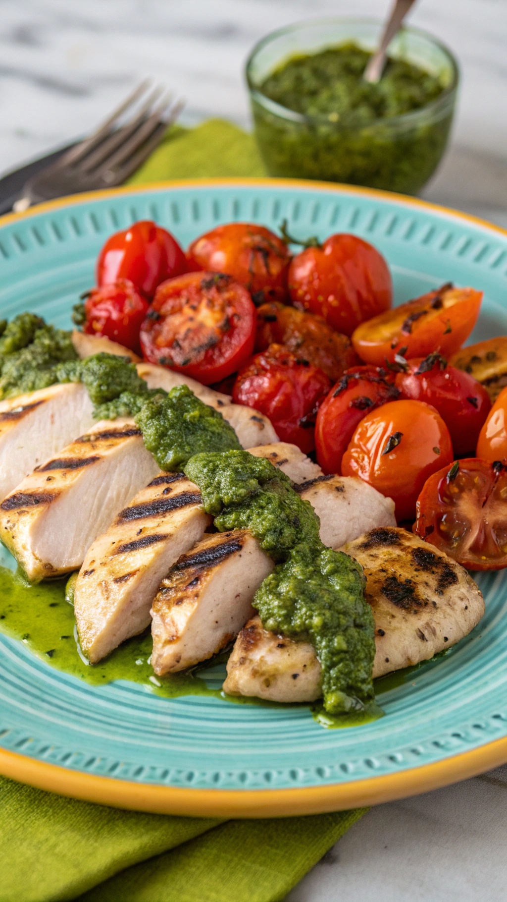 Grilled chicken breast topped with pesto sauce, served with roasted cherry tomatoes on a colorful plate.