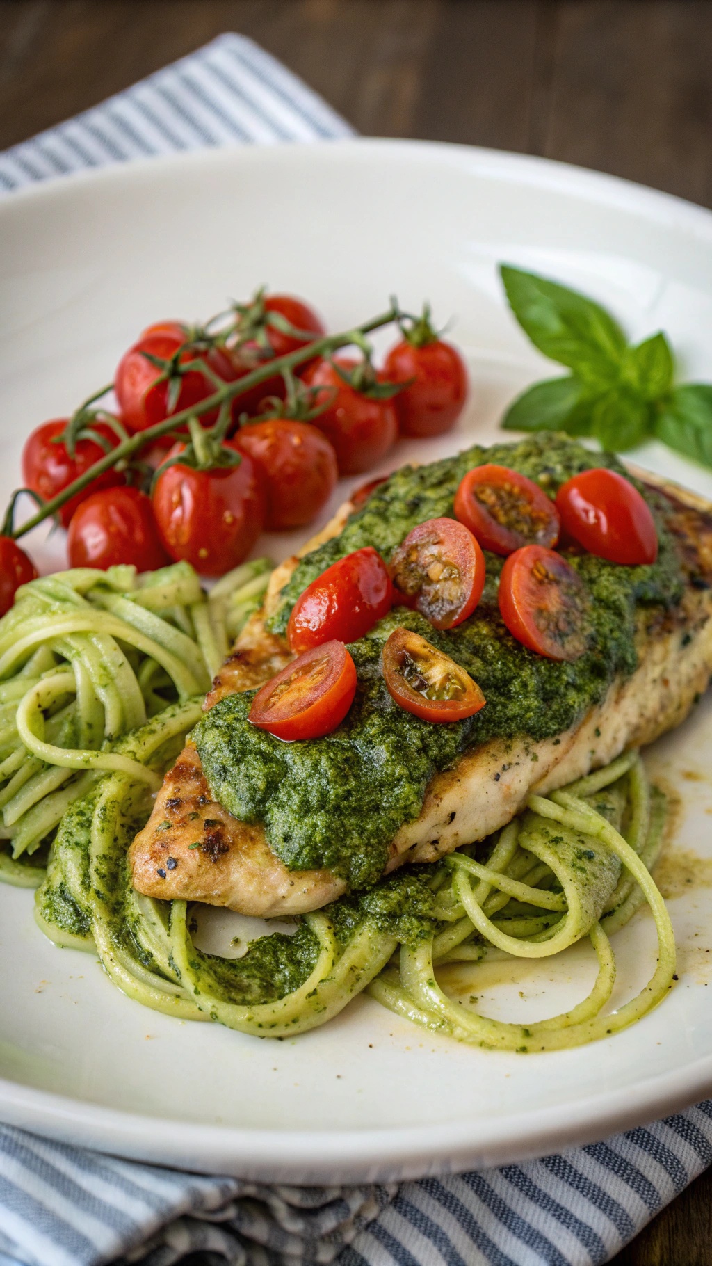 A plate of pesto chicken served with zucchini noodles and cherry tomatoes.