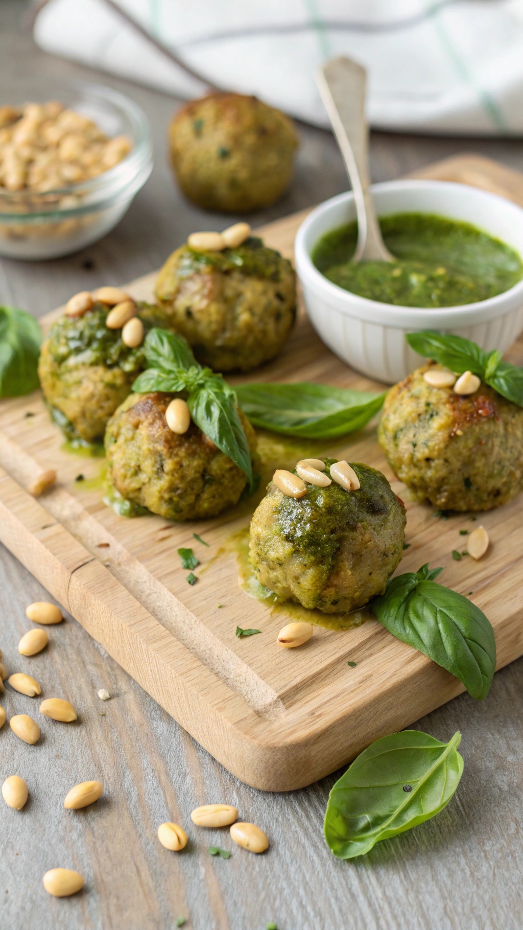 Delicious pesto chicken meatballs garnished with pine nuts and basil on a wooden board.