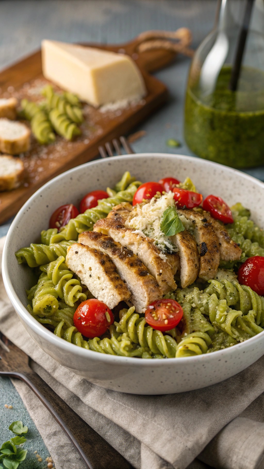 A bowl of pesto chicken pasta with grilled chicken, cherry tomatoes, and pesto sauce.