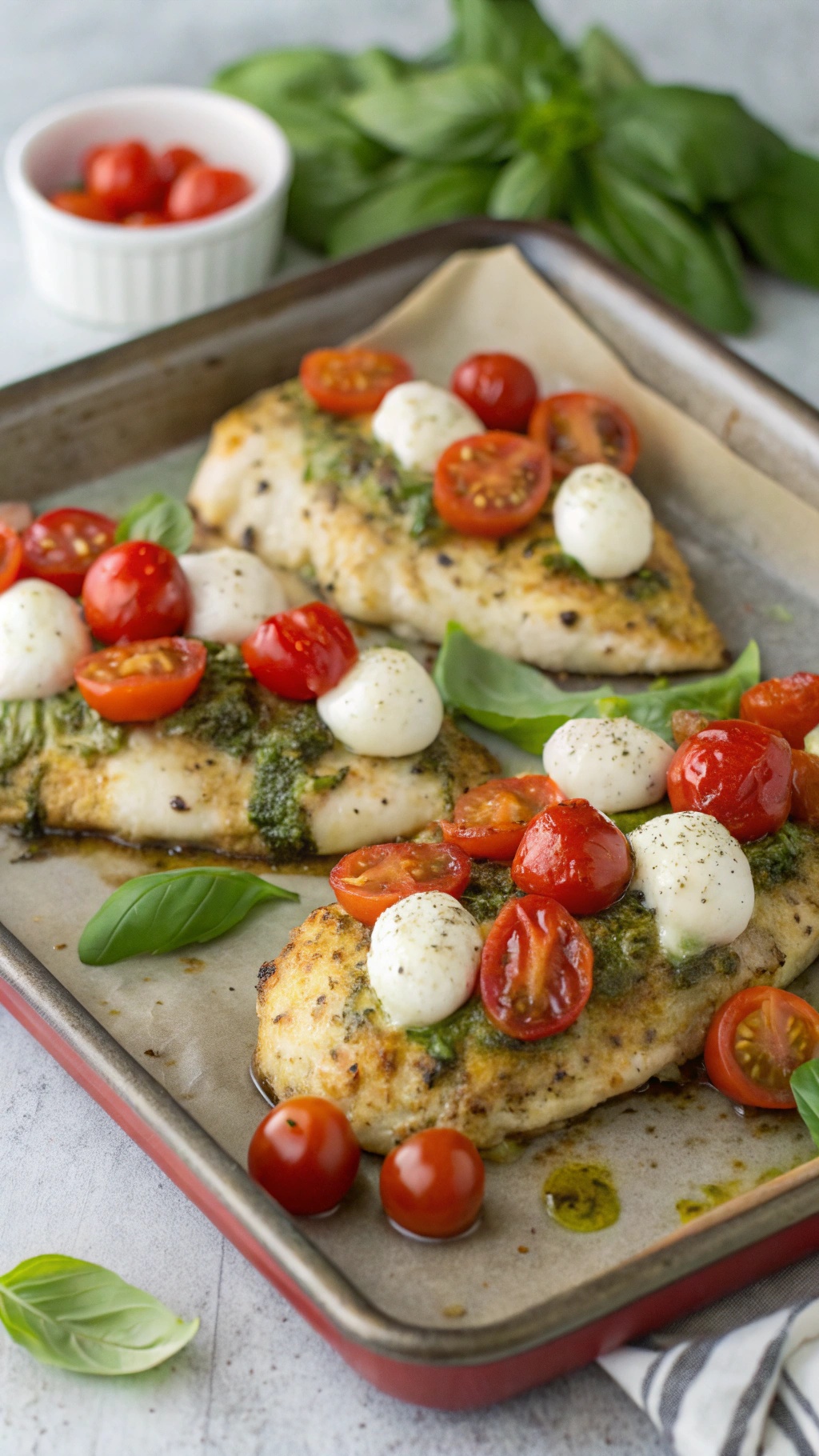 Pesto chicken with cherry tomatoes and mozzarella on a sheet pan