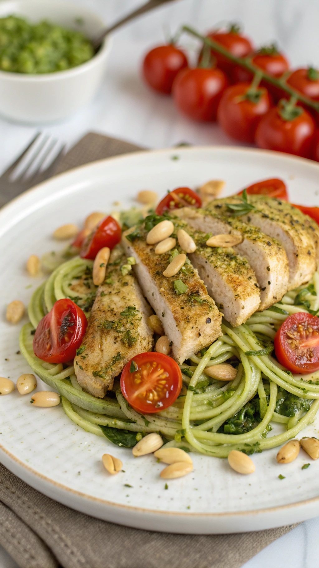 A plate of pesto chicken served with zucchini noodles and cherry tomatoes, garnished with pine nuts.