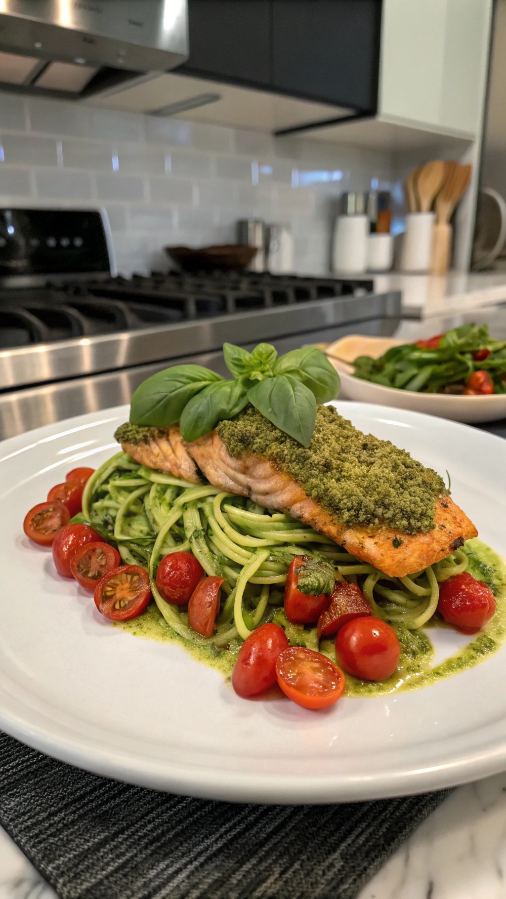 Pesto crusted salmon on zucchini noodles with cherry tomatoes