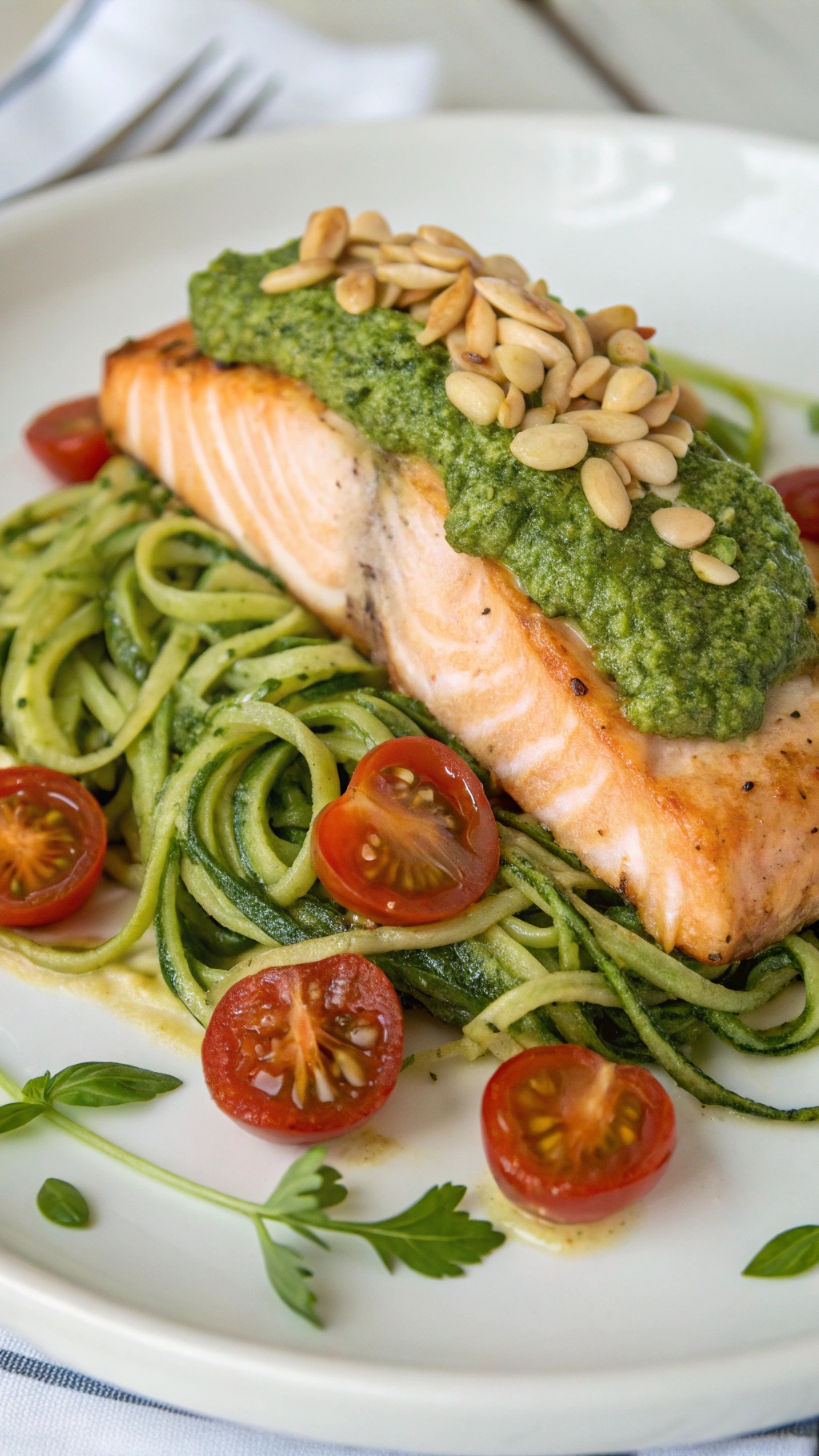 A plate of pesto salmon on zucchini noodles garnished with cherry tomatoes.