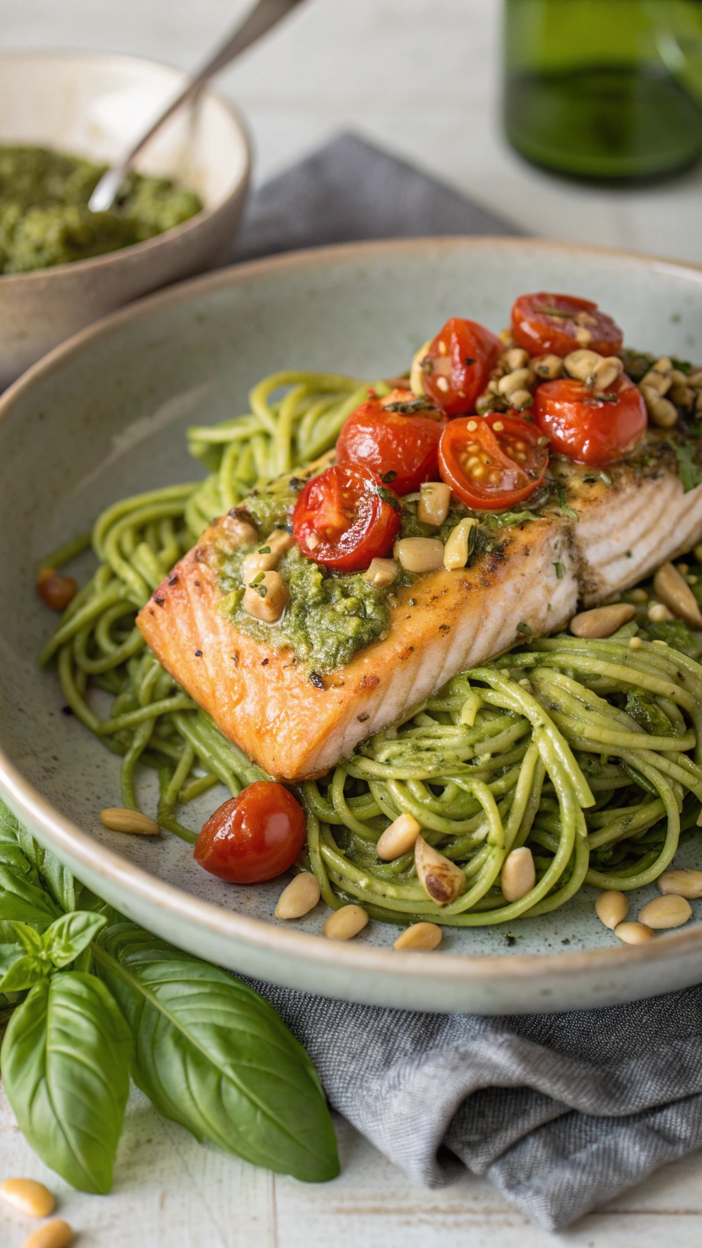 A plate of pesto salmon served on a bed of zucchini noodles, topped with cherry tomatoes and pine nuts.