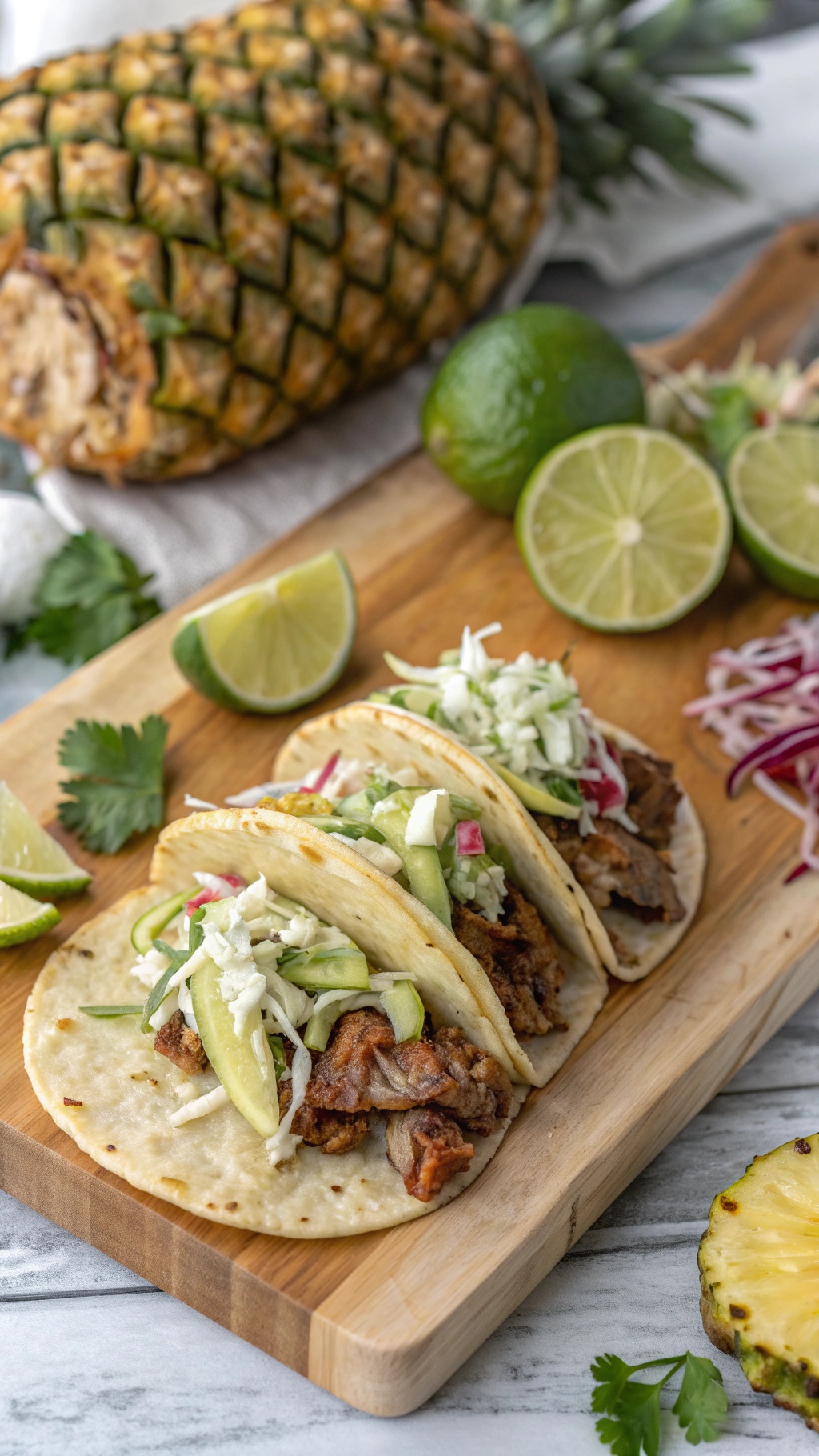 Pineapple pork tacos with cilantro lime slaw on a wooden board, garnished with lime wedges and fresh pineapple.