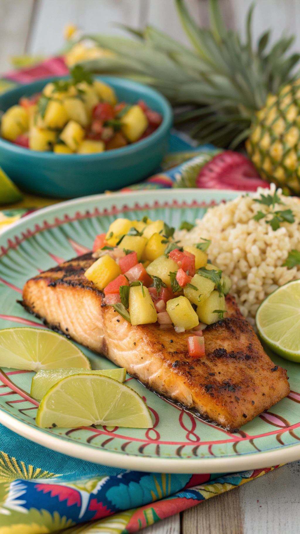 Grilled salmon fillet topped with pineapple salsa, served with lime wedges and brown rice on a colorful plate.