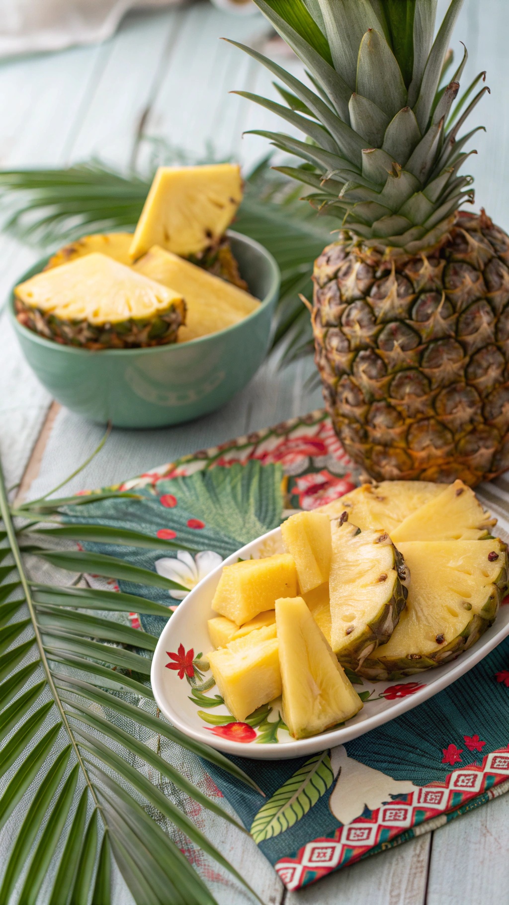 Fresh pineapple slices on a plate with whole pineapple and palm leaves in the background.