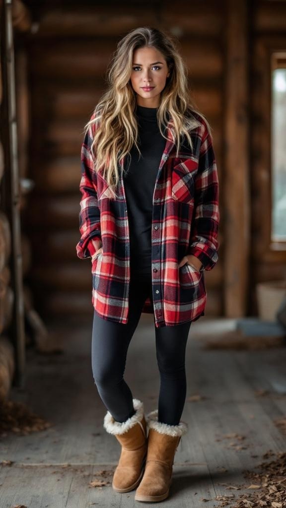 A woman wearing a red and black plaid flannel shirt, black leggings, and Ugg boots, standing indoors.