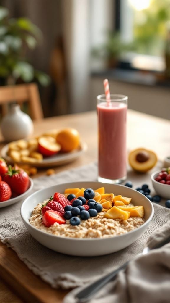 A healthy breakfast with oatmeal topped with fruits and a smoothie