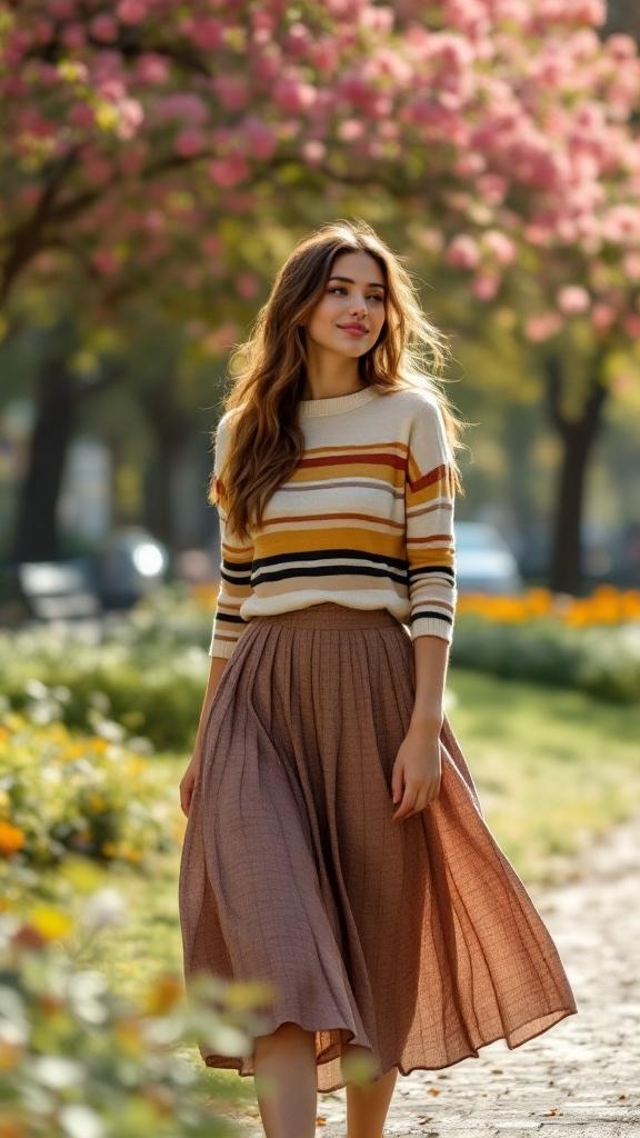 A woman wearing a striped sweater and a midi skirt, walking in a park with blooming flowers.