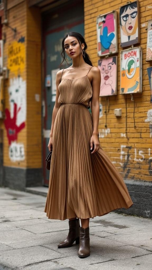 A woman wearing a pleated midi dress and ankle boots, standing against a colorful urban backdrop.