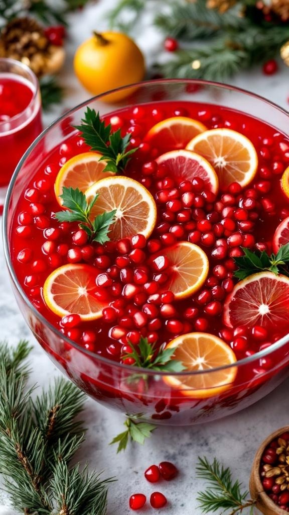 A festive bowl of Pomegranate Punch with slices of orange and lemon, garnished with fresh herbs.