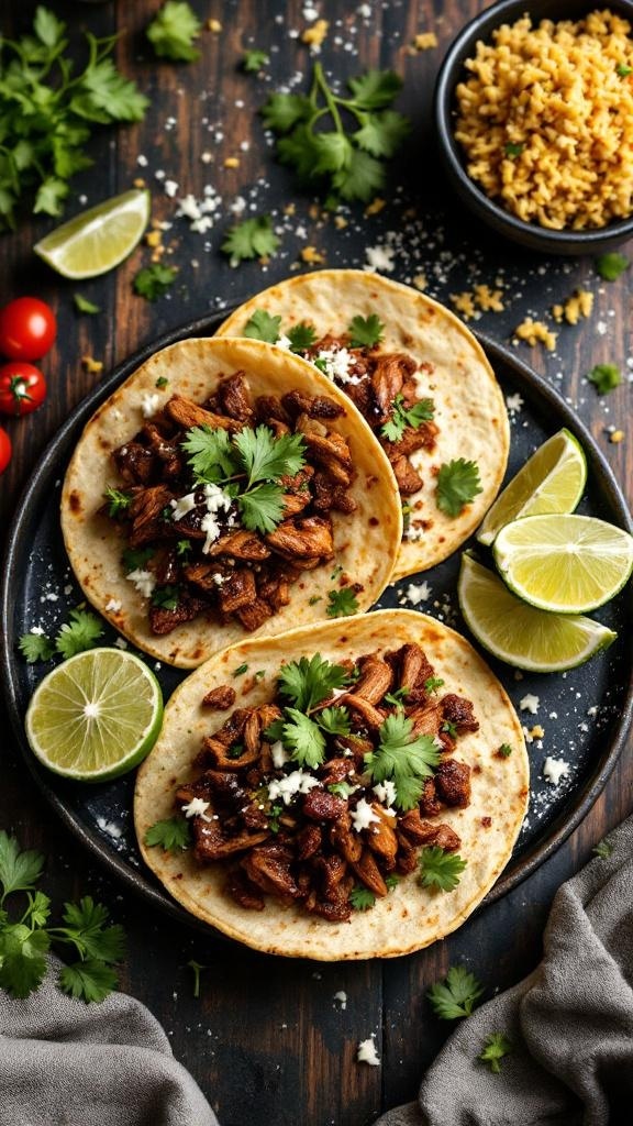 Pork carnitas tacos with cilantro lime rice on a wooden table.