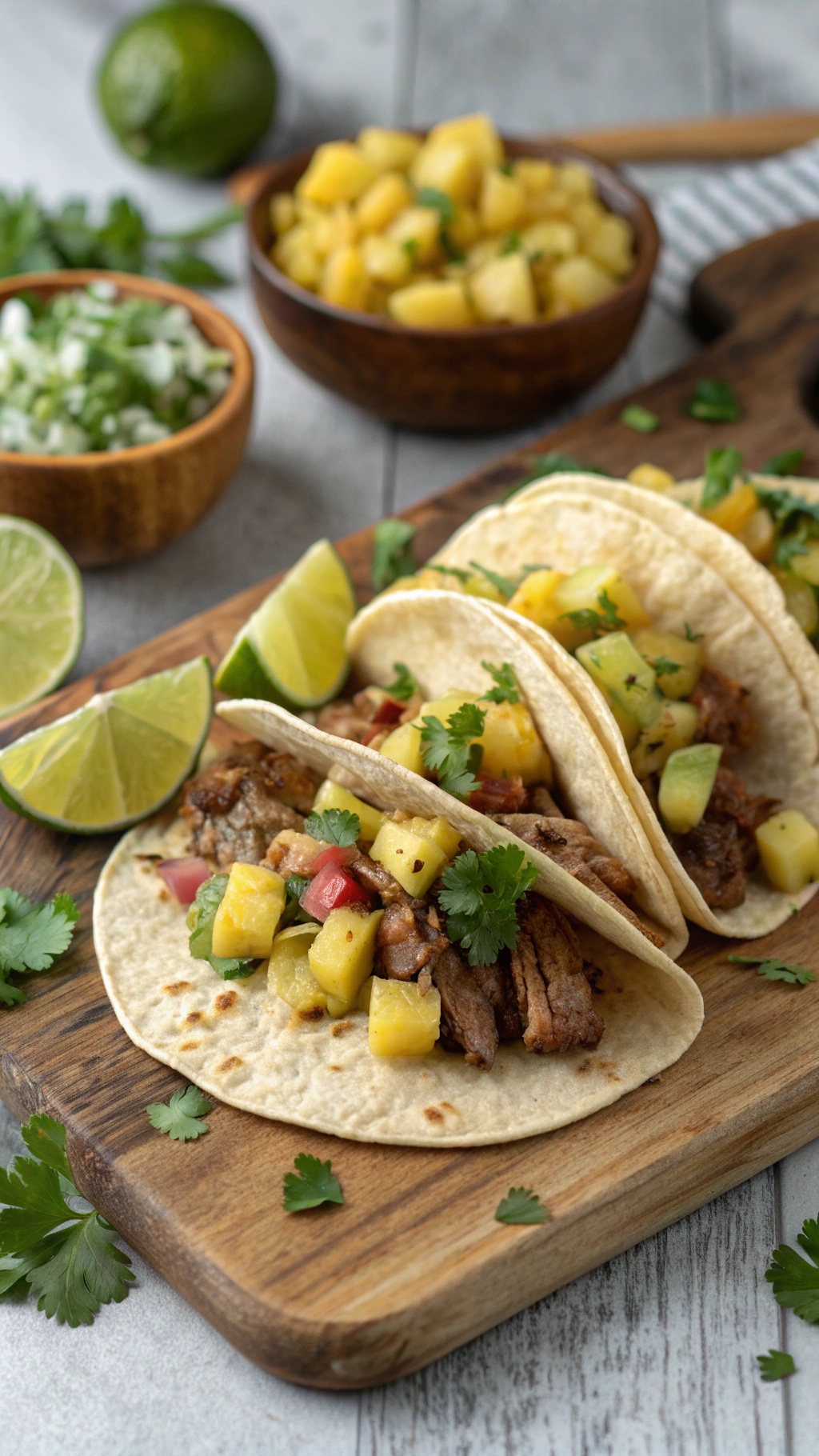 Three pork carnitas tacos topped with pineapple salsa on a wooden board, with lime wedges and cilantro.