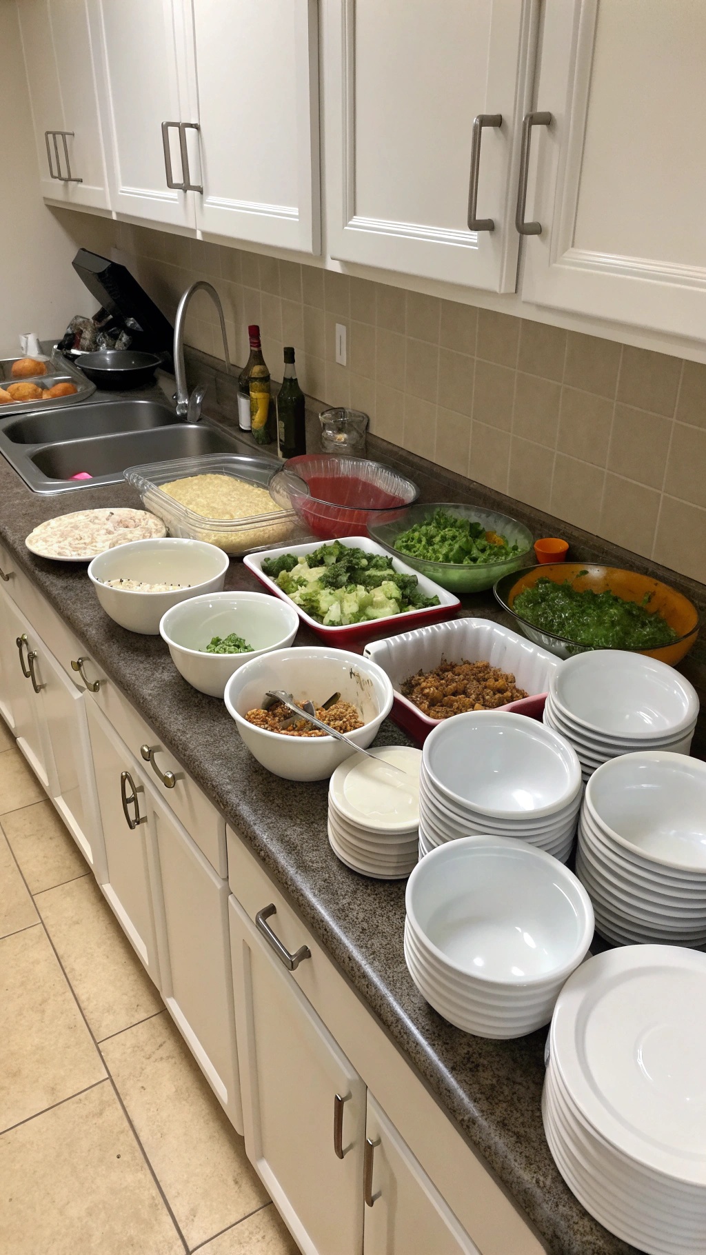 A kitchen counter with various ingredients and bowls set up for a taco salad bar.