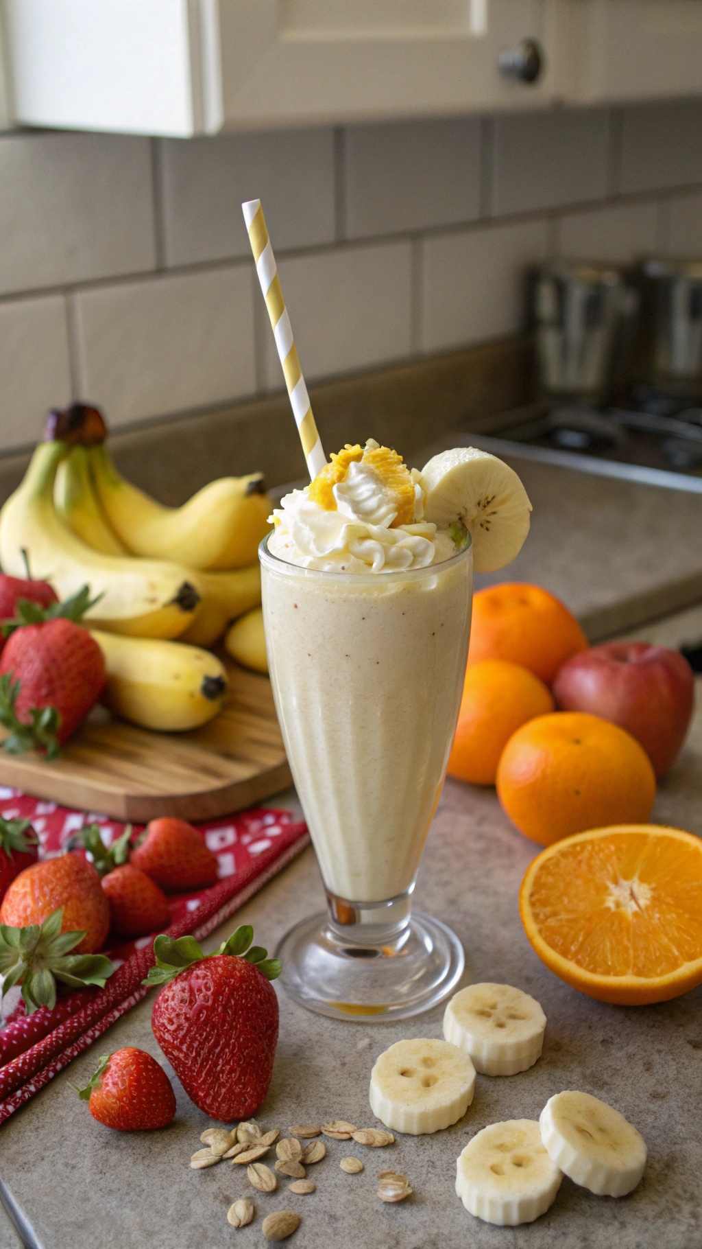 A delicious banana smoothie topped with whipped cream and fresh fruit, surrounded by bananas, strawberries, and oranges.