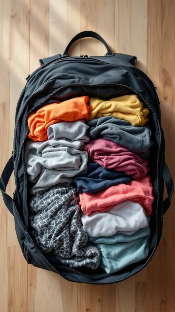 A packed bag with neatly folded workout clothes in various colors.