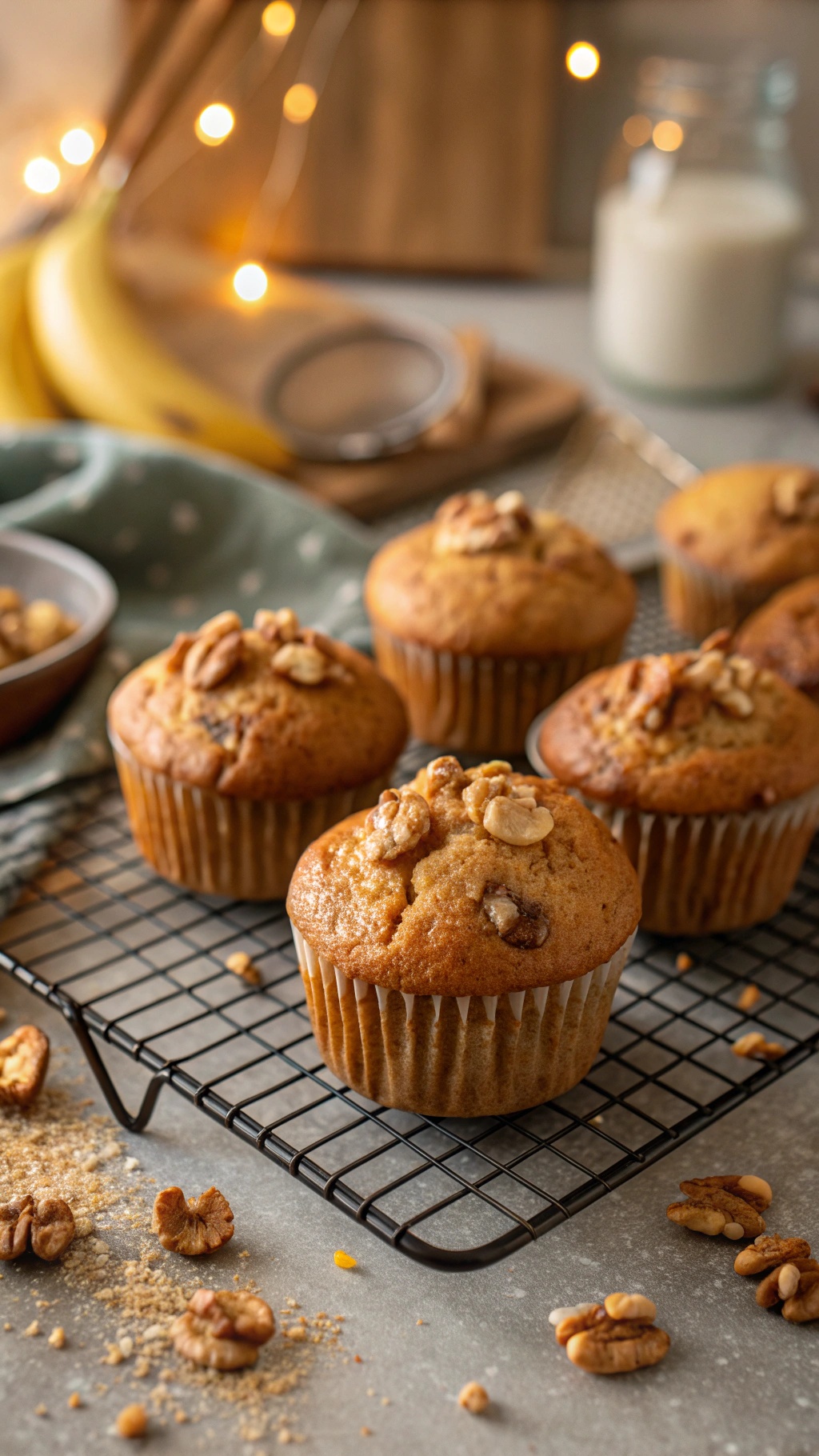 Freshly baked banana nut muffins on a cooling rack with walnuts sprinkled around.