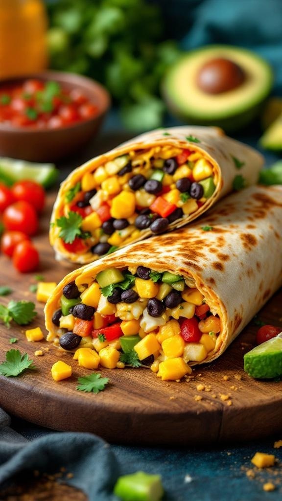 Delicious breakfast burritos filled with black beans, corn, and colorful veggies on a wooden board.