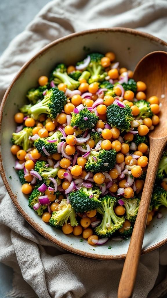 A bowl of broccoli salad with chickpeas, red onion, and a wooden spoon.