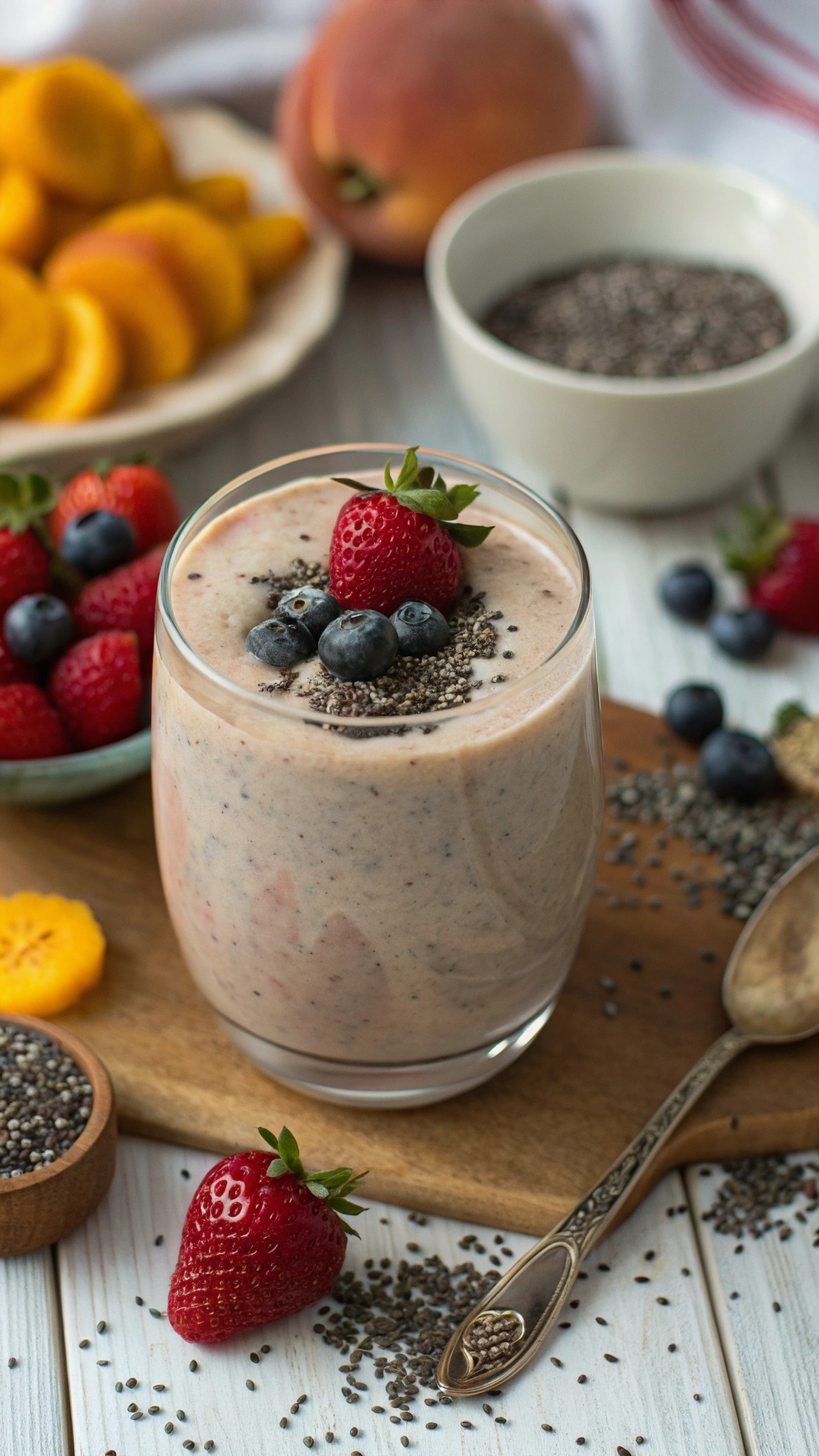 A delicious chia seed smoothie topped with fresh strawberries and blueberries, surrounded by more berries and chia seeds.